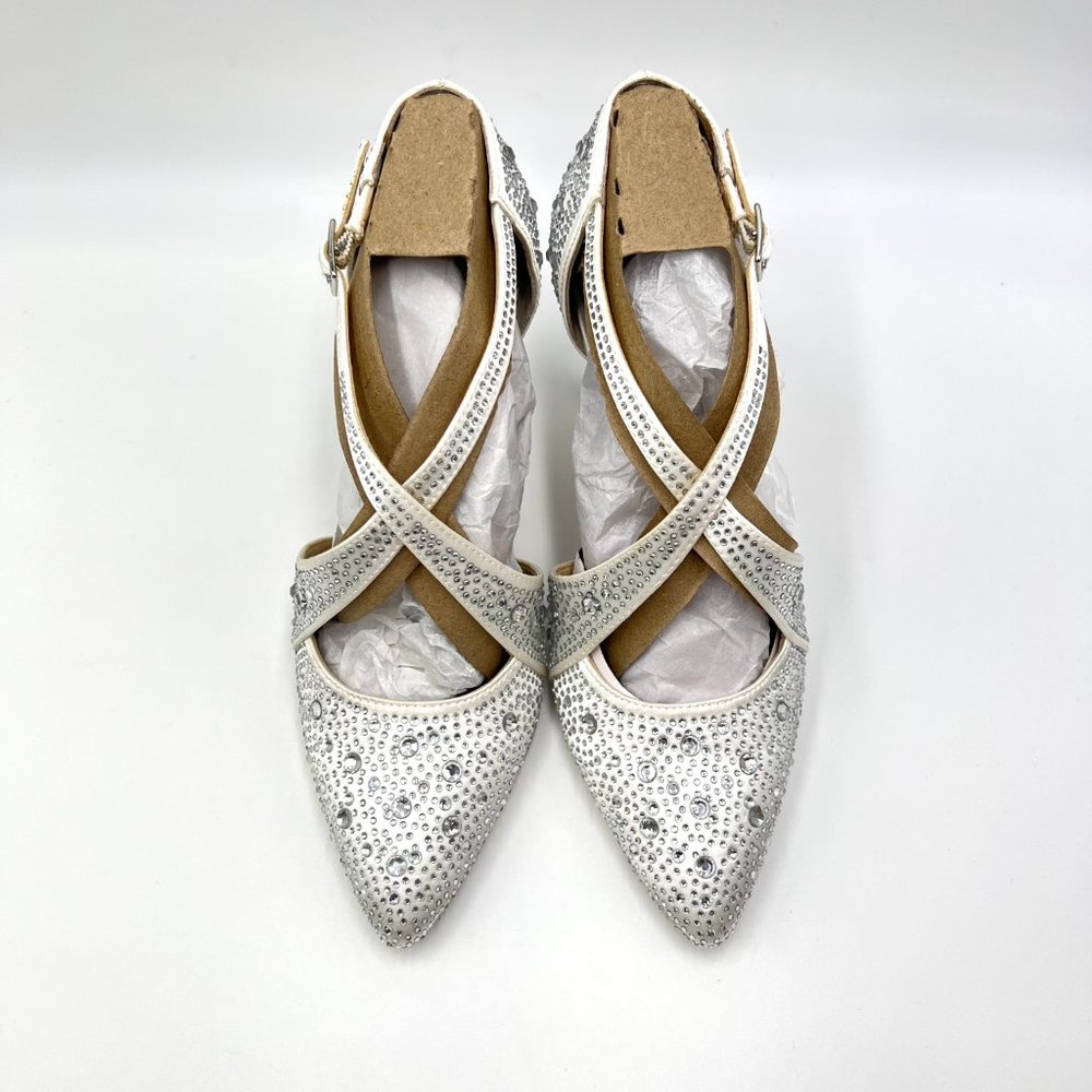 Jessica Simpson Womens Accile Jeweled White Satin Heels Pumps Shoes 6.5 - Picture 3 of 14